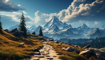 AI generated Majestic mountain peak, tranquil meadow, and panoramic autumn landscape generated by AI photo