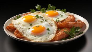 AI generated Freshness and heat on a plate, cooked pork and fried egg generated by AI photo