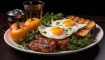 AI generated Grilled meat, fresh tomato, healthy salad, cooked pork, fried egg generated by AI photo