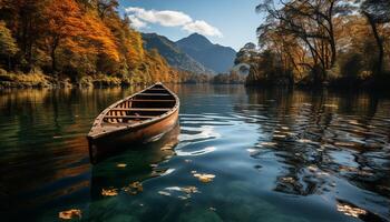 AI generated Tranquil scene rowboat on peaceful pond, surrounded by autumn forest generated by AI photo