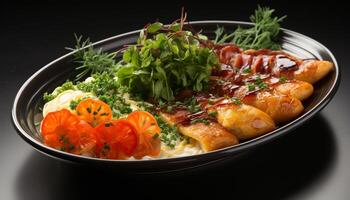 AI generated Fresh gourmet meal healthy vegetarian salad with homemade grilled pork generated by AI photo