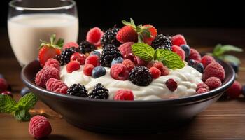 AI generated Healthy eating Fresh raspberry and blueberry dessert with yogurt and mint generated by AI photo