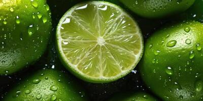 AI Generated Closeup of Cut Lime and Whole Limes with Water Drops. Generative AI photo