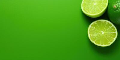 AI Generated Limes Slices on Green Background with Copy Space. Juicy Organic Food. Healthy Nourishment. Generative AI photo