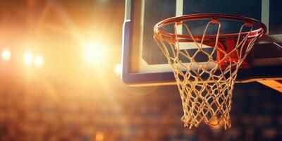 AI Generated Close-Up of a Basketball Hoop with Net Against a Blurred Arena Background, Illuminated by Warm Lights. Generative AI photo