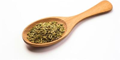 AI Generated Dried Oregano In Wooden Spoon. Dry Crushed Basil On White Background. Spice Condiment, Green Herbal Seasoning. Top View Of Natural Condiment. photo