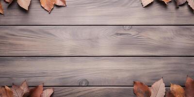 AI Generated Autumn Leaves on Wooden Background. Fallen Dry Leaves on Textured Wood Surface. Generative AI photo