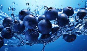 AI Generated Blueberries with Water Splashing on Blue Background. Organic Food in Water Bubbles, Wash Fruits. Generative AI photo