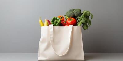 AI Generated Sustainable Shopping With Eco-Friendly Bag Full Of Fresh Vegetables, Grey Background. Generative AI photo