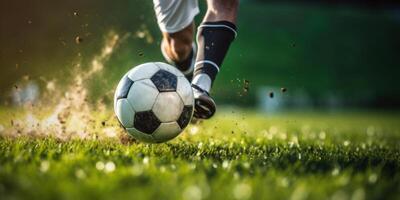 AI Generated Professional Soccer Player Playing Football on Green Grass Pitch at Stadium. Close Up of Soccer Shoe Hitting Ball. Generative AI photo