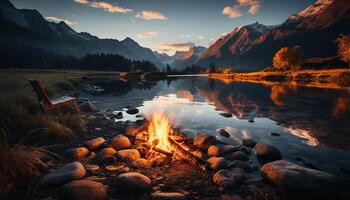 AI generated Tranquil campfire reflects sunset on mountain peak in nature generated by AI photo