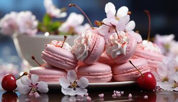 AI generated Gourmet dessert fresh macaroon, chocolate, raspberry, strawberry, almond, marshmallow generated by AI photo