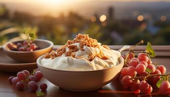 ai generado Fresco Fruta postre en de madera mesa, un verano indulgencia generado por ai foto