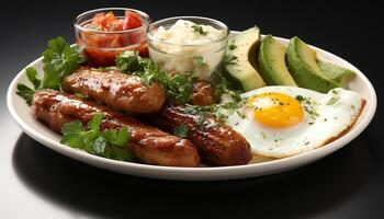 ai generado A la parrilla Cerdo y carne de res, Fresco tomate, cocido carne, sano almuerzo generado por ai foto