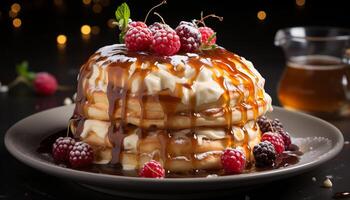 AI generated Homemade pancake stack with fresh berries and chocolate syrup generated by AI photo