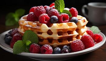 AI generated Fresh berry waffle stack, a sweet and healthy indulgence generated by AI photo