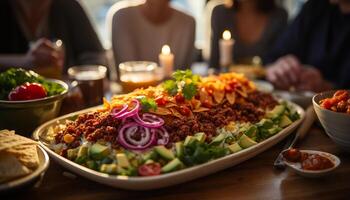 ai generado frescura en el mesa A la parrilla carne, gastrónomo ensalada, hecho en casa guacamole generado por ai foto