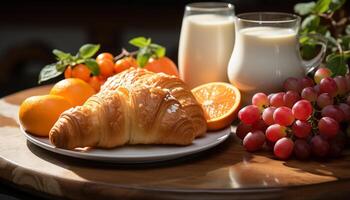 AI generated Fresh croissant and fruit on wooden table, healthy and delicious generated by AI photo