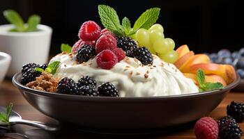 AI generated Healthy eating Fresh fruit dessert, gourmet yogurt with mint leaf generated by AI photo