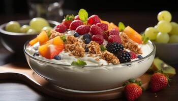 AI generated Freshness in a bowl yogurt, raspberry, blueberry, granola, strawberry, grape generated by AI photo