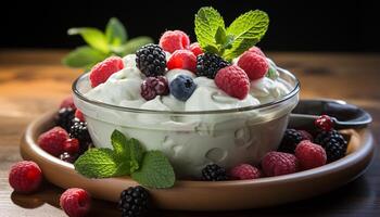 AI generated Fresh berry parfait with yogurt, granola, and mint on wooden table generated by AI photo