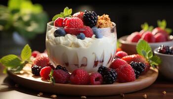 AI generated Fresh berry parfait on wooden table, healthy and delicious dessert generated by AI photo