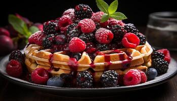 AI generated Fresh berry dessert on wooden plate, a sweet and healthy indulgence generated by AI photo
