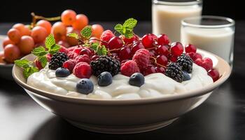 AI generated Healthy eating Fresh fruit parfait with yogurt, granola, and berries generated by AI photo