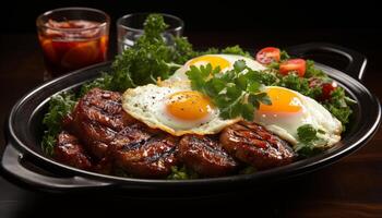 AI generated Grilled meat, fresh salad, healthy bread, rustic summer appetizer generated by AI photo