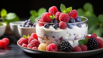 AI generated Freshness in a bowl raspberry, blueberry, and strawberry parfait generated by AI photo