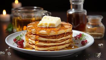 AI generated Freshness and sweetness on a plate homemade pancake stack with honey generated by AI photo