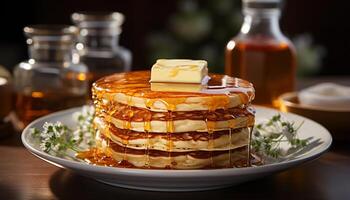 AI generated Freshness on a plate homemade pancakes with honey and fruit generated by AI photo