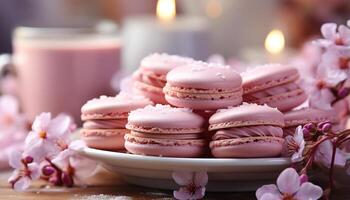 AI generated Freshly baked macaroon, a sweet pink indulgence on a wooden plate generated by AI photo