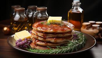 AI generated Homemade pancake stack on rustic wood plate, drizzled with honey generated by AI photo