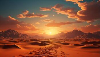 ai generado majestuoso puesta de sol pinturas tranquilo arena dunas en árido África generado por ai foto