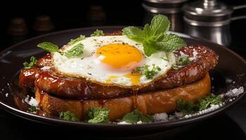 AI generated Grilled pork on plate with fresh salad, healthy and delicious generated by AI photo