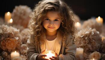 AI generated Smiling child holds candle, bringing warmth and joy generated by AI photo