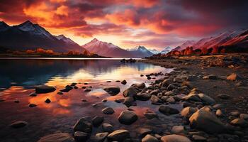 ai generado majestuoso montaña pico refleja tranquilo puesta de sol en agua generado por ai foto