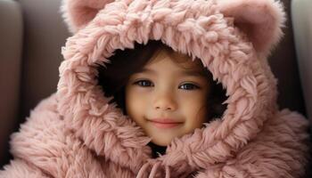 AI generated Cute child smiling in winter, happiness and childhood portrait generated by AI photo