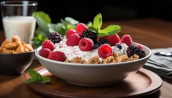 ai generado frescura en un cuenco frambuesa yogur con Granola y bayas generado por ai foto