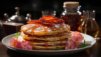 AI generated Freshness on plate homemade pancake stack with sweet honey generated by AI photo