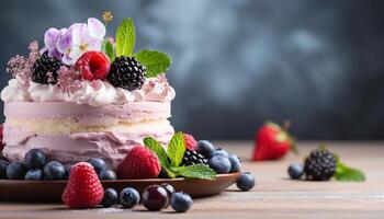 ai generado hecho en casa gastrónomo postre Fresco baya rebanada en de madera plato generado por ai foto