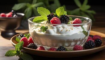 ai generado Fresco Fruta parfait con yogur, Granola, y menta hoja adornar generado por ai foto