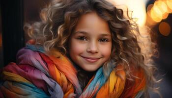 AI generated Smiling girl, cheerful and cute, looking at camera outdoors generated by AI photo