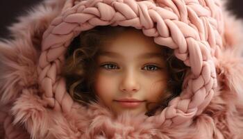 AI generated Smiling child in winter, wearing fur, looking at camera generated by AI photo