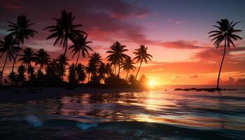 AI generated Tropical sunset, palm tree silhouette, tranquil water reflection generated by AI photo