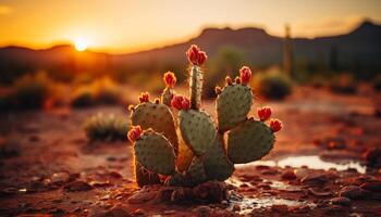 AI generated Sunset over arid landscape, nature beauty in yellow and orange generated by AI photo