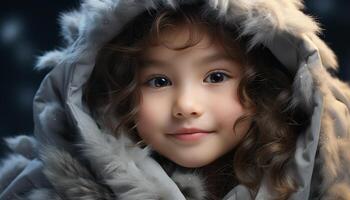 AI generated Cute child smiling in winter, warmth and happiness radiate generated by AI photo