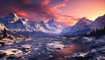 ai generado majestuoso montaña cima, nieve tapado, tranquilo puesta de sol terminado glacial paisaje generado por ai foto