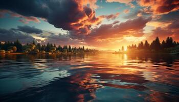 AI generated Sunset over water, nature beauty reflected in tranquil pond generated by AI photo